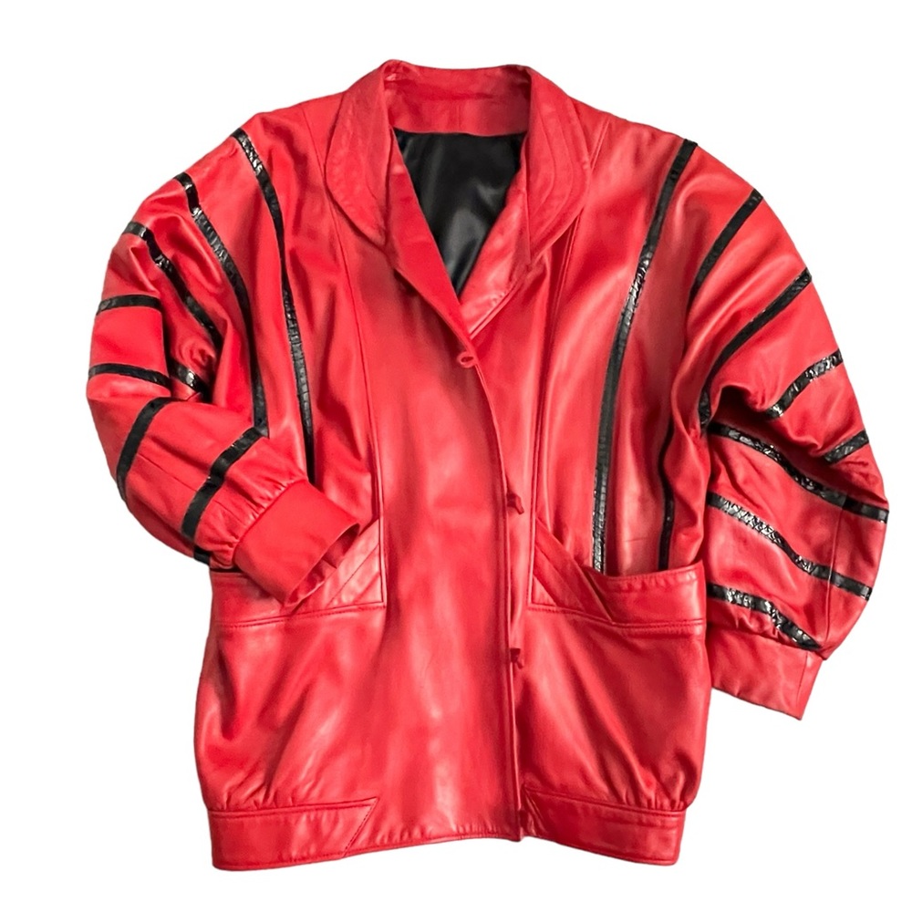 Vintage 80s Red Leather Oversized Snakeskin Stripe Butter Soft Leather Jacket